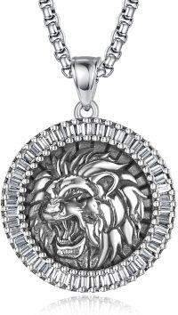 wholesale 925 Sterling Silver Round Lion Head Necklace with Cubic Zirconia and  for Men-color