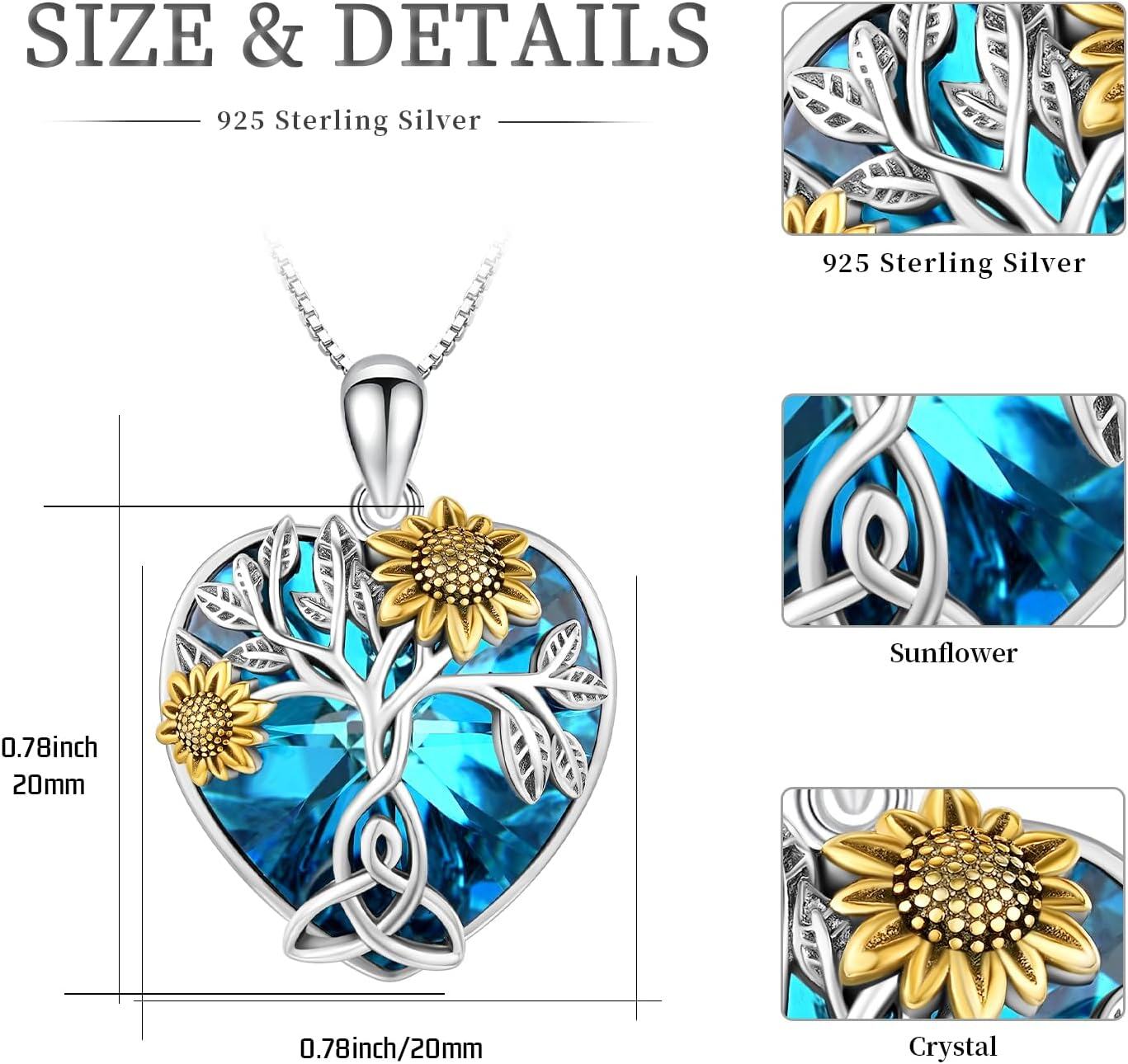 925 Sterling Silver Heart-Shaped Tree of Life Pendant Necklace with Blue Crystal and Gold Sunflowers-0-5