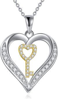 wholesale 925 Sterling Silver CZ & Moonstone Heart-Shaped Key Pendant Necklace-Key Heart