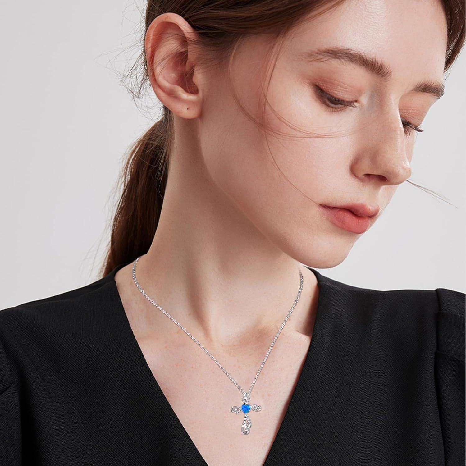 wholesale 925 Sterling Silver Blue Opal Heart Cross Pendant Necklace for Women Girls-0-2