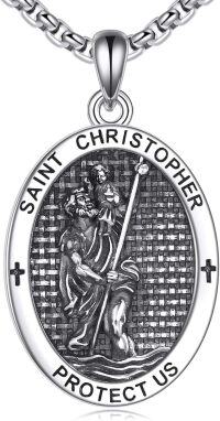 wholesale 925 Sterling Silver Saint Christopher Protect Us Oval Medal Pendant Necklace for Men & Women-Saint Christopher