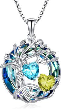 wholesale 18K White Gold Filled Sterling Silver Family Tree Pendant with 2 Heart Birthstones Blue Austrian Crystal Necklace for Women-03-08-Mar-Aug Birthstone