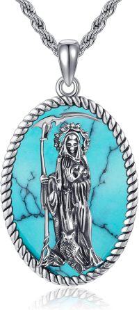 wholesale Sterling Silver Religious Necklace Santa Muerte St Peregrine Hecate Virgin Mary St Christopher St Michael St Jude Unisex Jewelry for Women Men-Santa Muerte-Turquosie