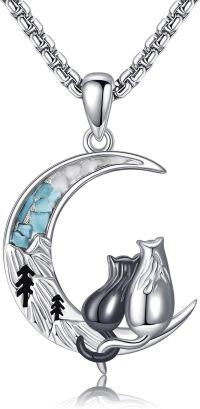 wholesale 925 Sterling Silver Turquoise Moon Cat Necklace Pendant  for Women Girls-Cat