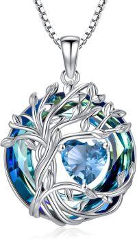 wholesale White Gold Yellow Gold Plated Sterling Silver Austrian Crystal Celtic Tree of Life Necklace-12-Dec-Blue Topaz White Gold-Blue Crystal