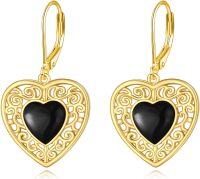 wholesale Gold 925 Sterling Silver Black Onyx Heart Drop Earrings 42mm Long Leverback Jewelry for Women Girls Gift Boxed-Onyx earrings gold