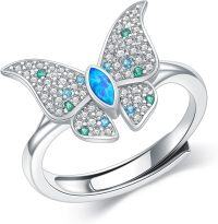 wholesale 925 Sterling Silver Opal Blue Butterfly Adjustable Ring for Women-style 03
