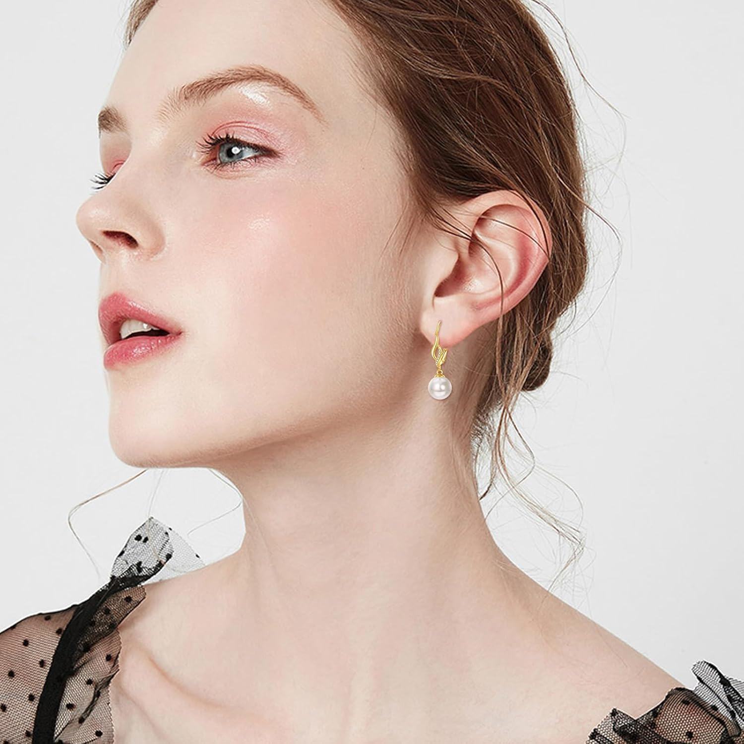 14K Gold Pearl Leverback Drop Earrings for Women Bridesmaid Gifts-0-5