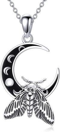 wholesale 925 Sterling Silver Gothic Moon & Skull Pendant with Black Enamel and Winged Insect Charm Necklace for Women/Men-Moth