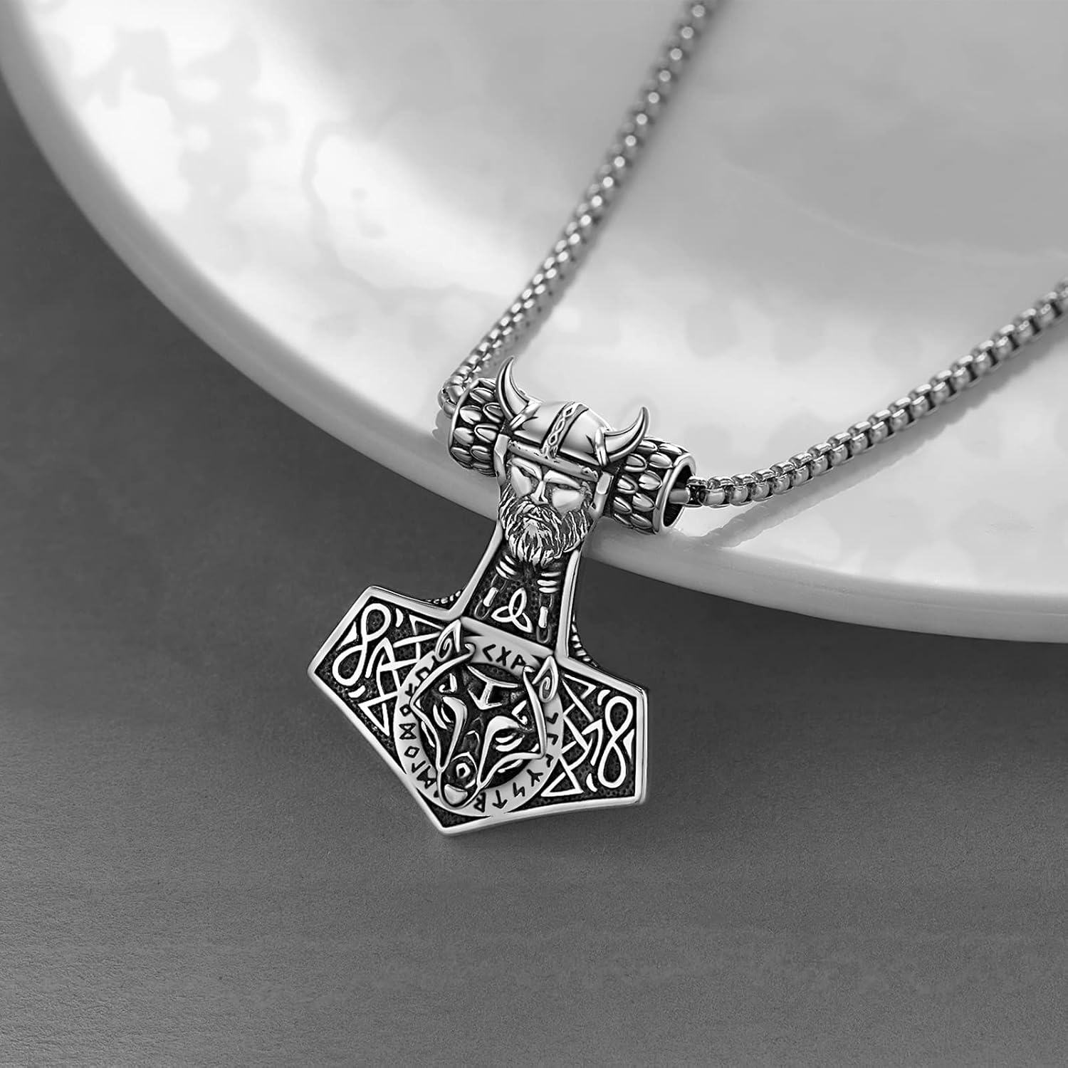 wholesale Stainless Steel Viking Wolf Head Thors Hammer Pendant Norse Jewelry with Stainless Steel Chain-0-1