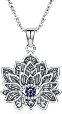 wholesale 925 Sterling Silver Lotus Evil Eye Pendant Necklace for Women with Blue Stone and CZ Accents-Dark Blue Zircon
