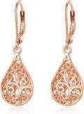 wholesale 925 Sterling Silver Plated Rose Gold Filigree Teardrop Leverback Drop Earrings-0-0