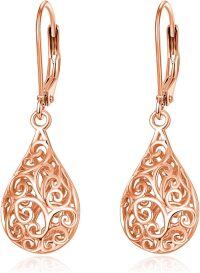 wholesale 925 Sterling Silver Plated Rose Gold Filigree Teardrop Leverback Drop Earrings-08-Filigree Teardrop Earrings Rosegold