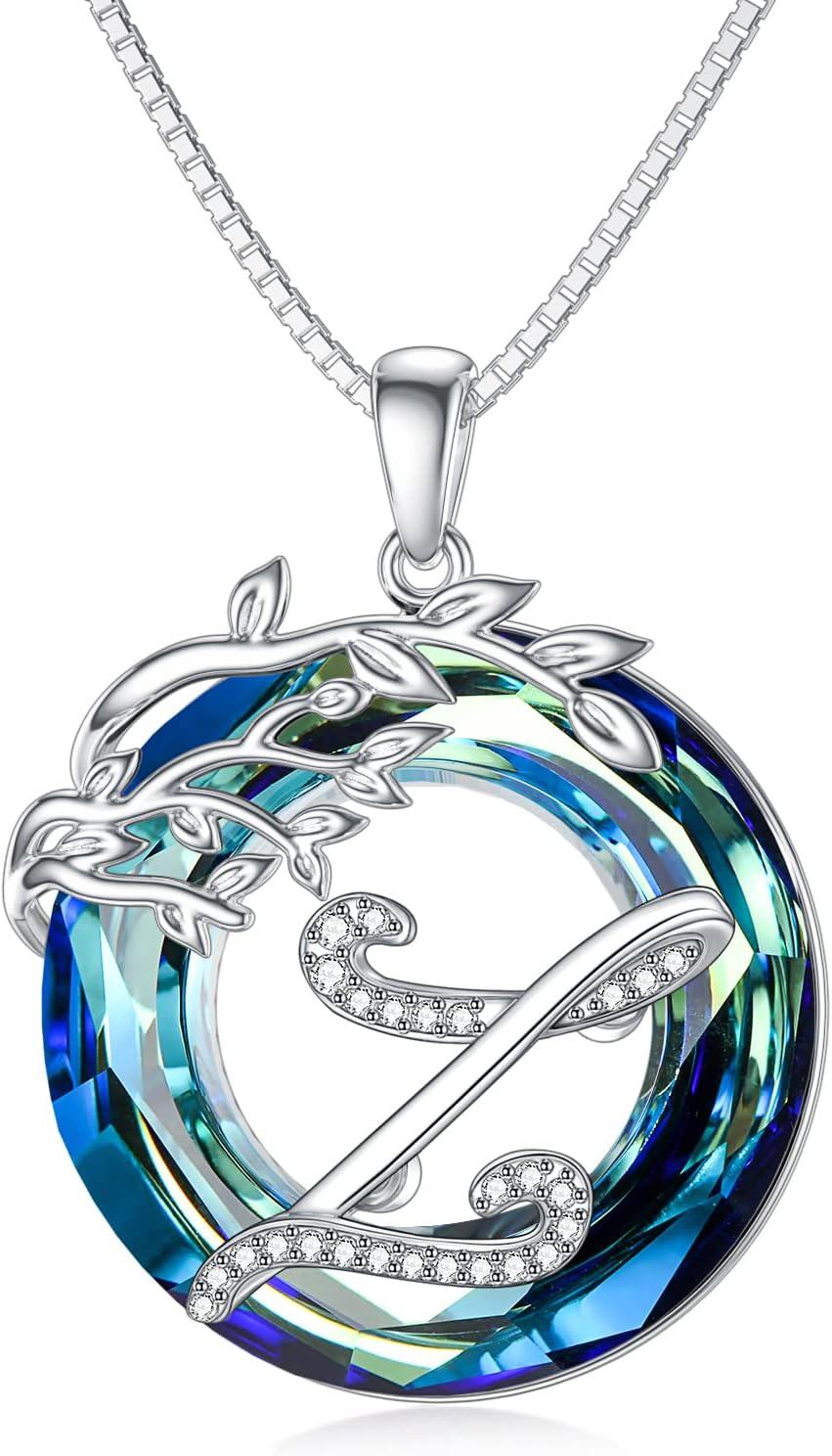 Sterling Silver Blue Crystal Tree of Life A Z Letter Pendant Necklace-Alphabet Z