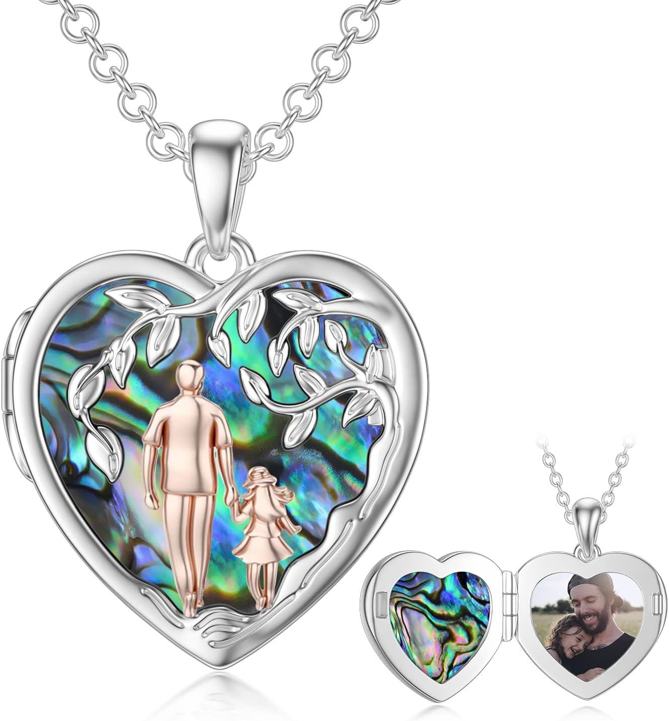 Sterling Silver Abalone Shell Daughter Locket Necklace Gift from Mom Dad-02-01-Father Daughter Locket+ Photo-02-01-Father Daughter Locket