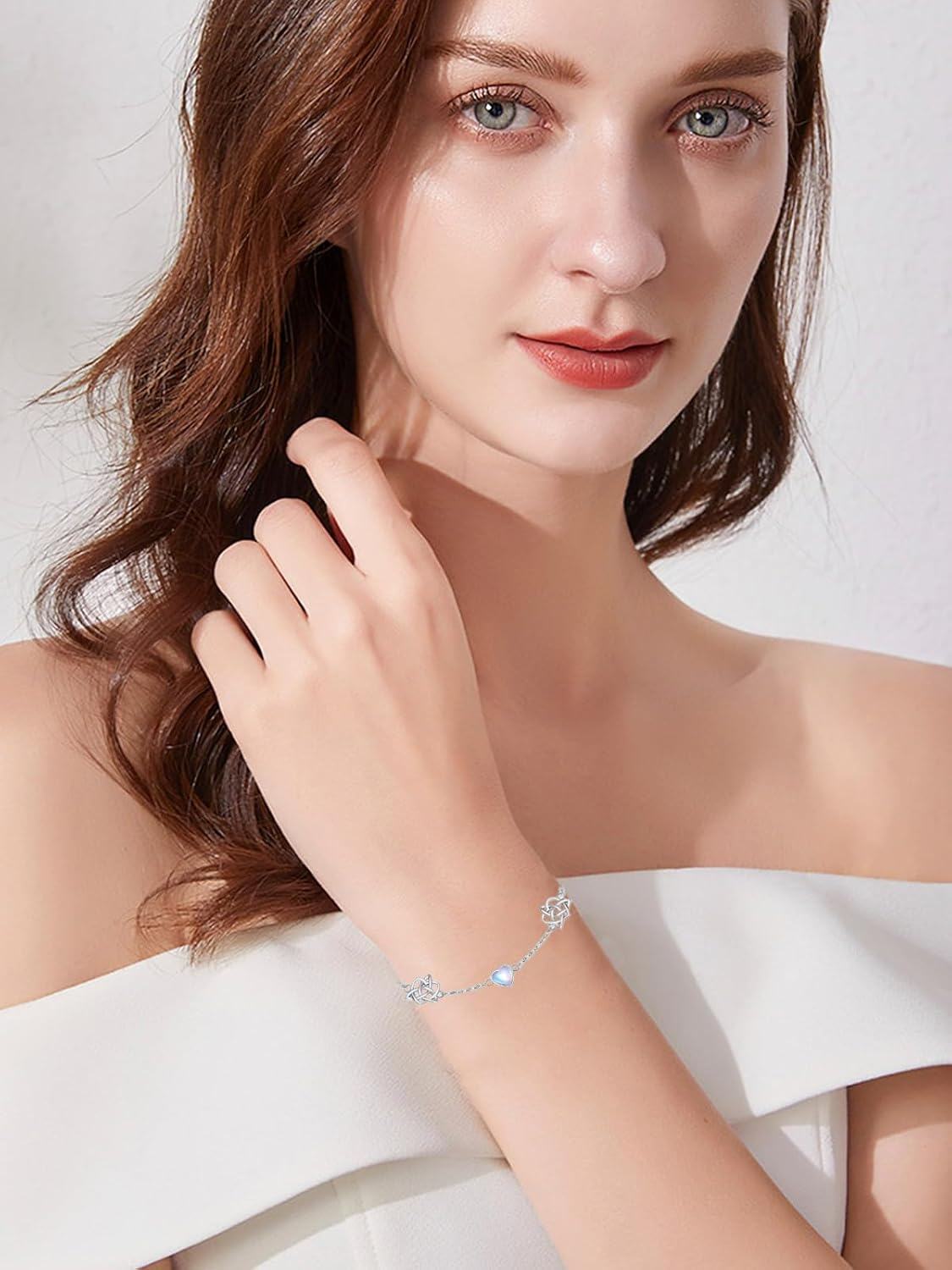 wholesale 925 Sterling Silver Heart Celtic Knot Bracelet with Opalite Beads and Chain Link Design for Women Girls  6-8 Adjustable Length-0-4