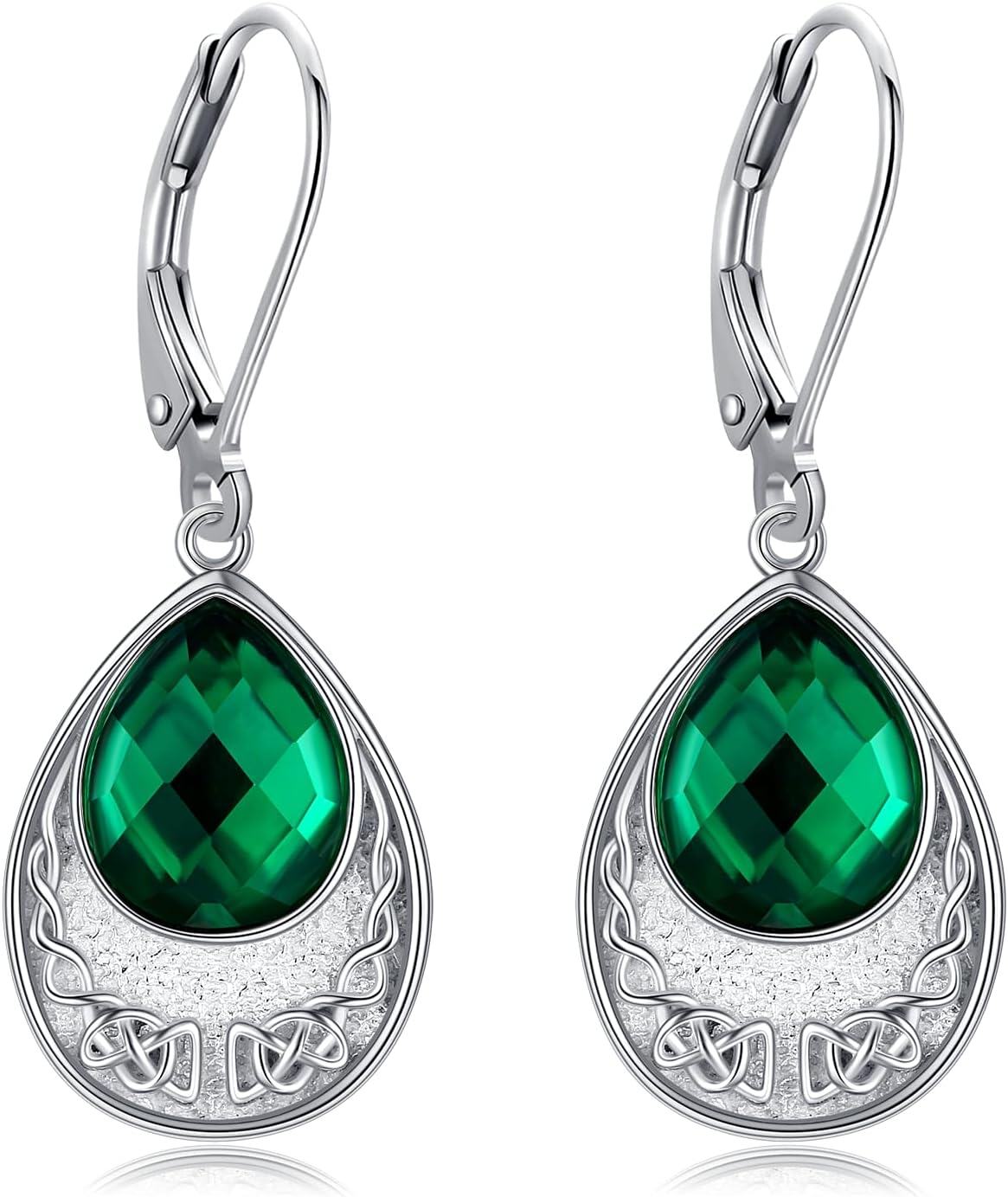 Sterling Silver Emerald Teardrop Celtic Knot Dangle Earrings Irish Jewelry-0-1