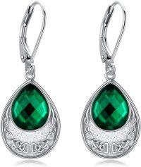 wholesale 925 Sterling Silver Green Crystal Teardrop Celtic Knot Leverback Drop Earrings Irish Jewelry-Emerald Crystal Earrings Teardrop