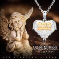 wholesale 925 Sterling Silver Angel Number 222 Heart Wings Pendant with Cubic Zirconia and Gold Plating on White Enamel - 18+2mm Link Chain-0-4