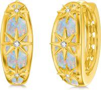 wholesale 925 Sterling Silver Plated Gold Opal Starburst Huggie Hoop Earrings with Cubic Zirconia Accents - 3D Stars Design-Starburst