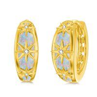 wholesale 925 Sterling Silver Plated Gold Opal Starburst Huggie Hoop Earrings with Cubic Zirconia Accents - 3D Stars Design-Starburst
