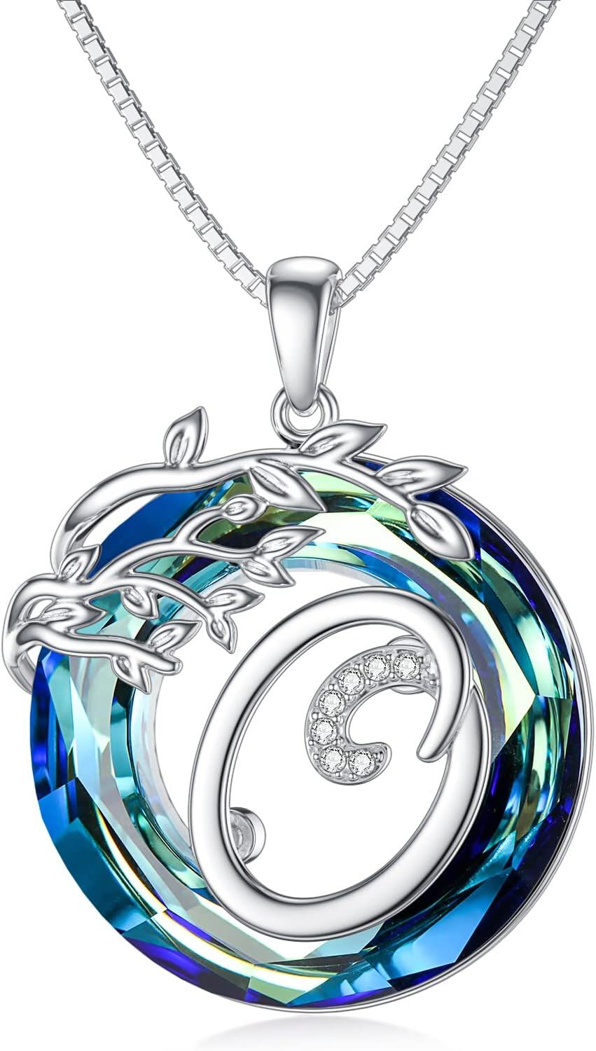 Sterling Silver Blue Crystal Tree of Life A Z Letter Pendant Necklace-Alphabet O