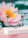 wholesale 925 Sterling Silver Heart-Shaped Ruby Stone Lotus Flower Charm Adjustable Bracelet Gift for Women and Girls-0-5