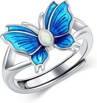 wholesale 925 Sterling Silver Opal Blue Butterfly Adjustable Ring for Women-style 01