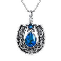 wholesale 925 Sterling Silver Western Retro Filigree Horseshoe Pendant with Gemstone 18+2 Chain for Women-Sept-Blue Sapphire