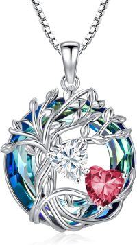 wholesale 18K White Gold Filled Sterling Silver Family Tree Pendant with 2 Heart Birthstones Blue Austrian Crystal Necklace for Women-04-07-Apr-Jul Birthstone