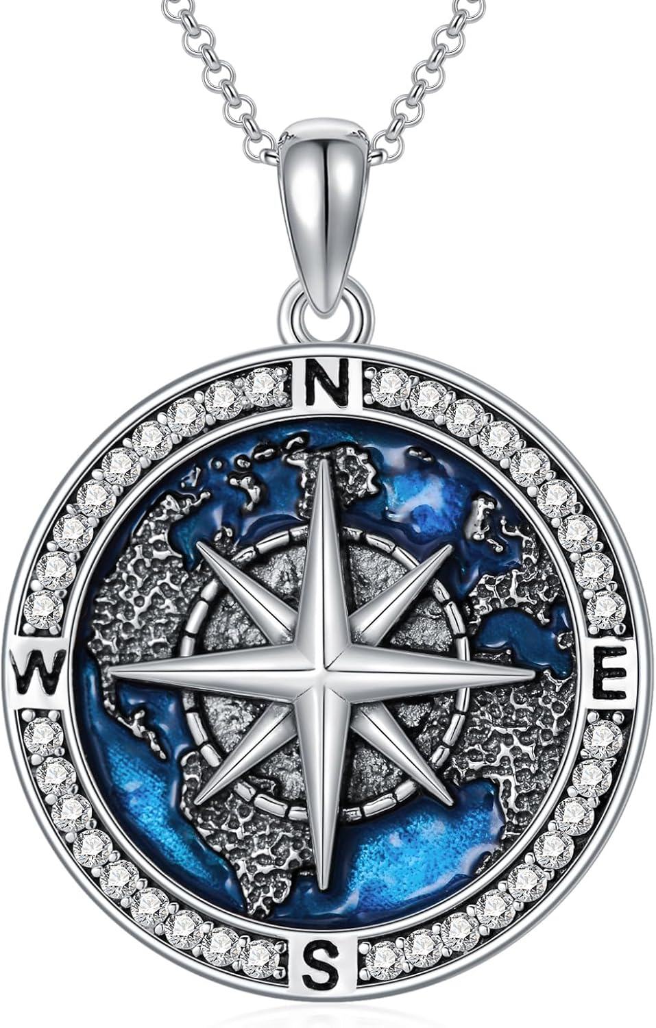 Sterling Silver Stone Compass Necklace for Men Women Travel Talisman Pendant Unique Inspirational Gift for Birthday Christmas Graduation-0-0