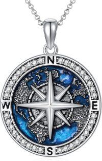wholesale 925 Sterling Silver Blue Enamel World Map Compass Necklace for Men & Women - Travel Talisman Pendant Unique Inspirational s for Birthdays and Holidays-02-Compass