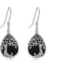 wholesale 925 Sterling Silver Black Onyx Teardrop Tree Of Life Drop Earrings-Teardrop Black Onyx tree