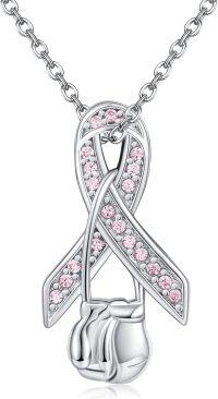 wholesale 925 Sterling Silver Pink Ribbon Pendant with Crystal Balls and Chain for Women's-Breast Cancer
