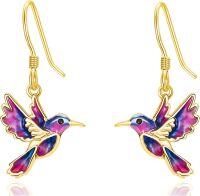 wholesale 925 Sterling Silver Purple & Blue Enamel Hummingbird Dangle Drop Earrings for Women-Gold