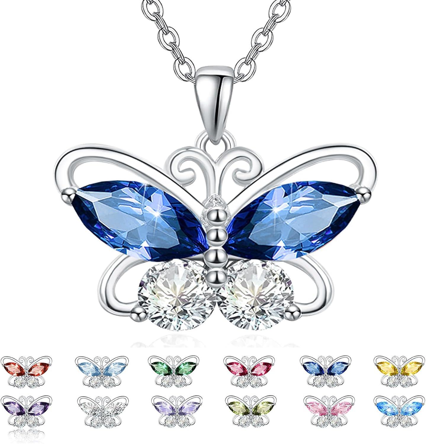 Sterling Silver Cubic Zirconia 12 Birthstone Butterfly Pendant Necklace-09-Sep.