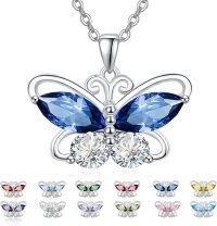 wholesale 925 Sterling Silver Cubic Zirconia 12 Birthstone Butterfly Pendant Necklace-09-Sep.