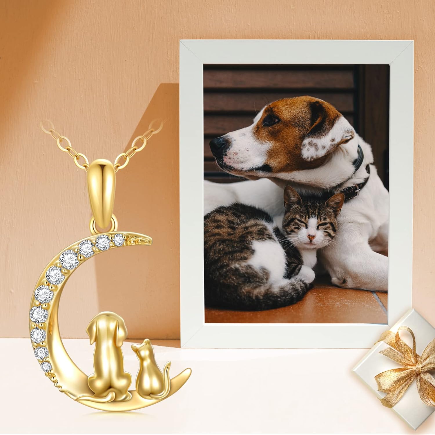 wholesale 14K Gold Crescent Moon with Dog and Cat Charm Necklace for Women - Pet Lover Gifts-0-5