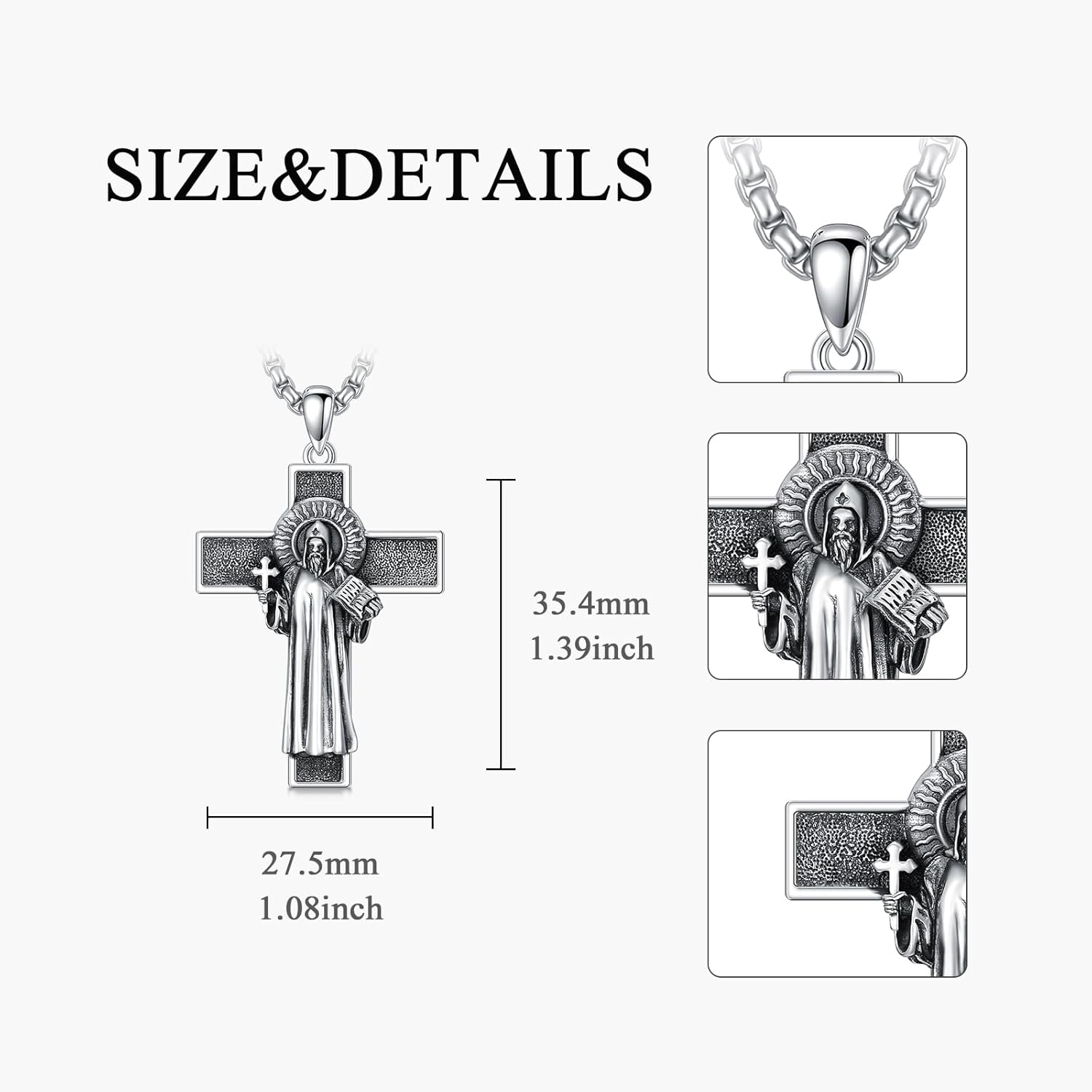 wholesale 925 Sterling Silver Saint Benedict Cross Pendant Necklace with Stainless Steel Chain with Chain - Religious Protection Charm Jewelry for Men-0-4