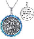 wholesale 925 Sterling Silver Saint Michael Protect Us Blue Opal Round Pendant Necklace for Men & Women-0-0