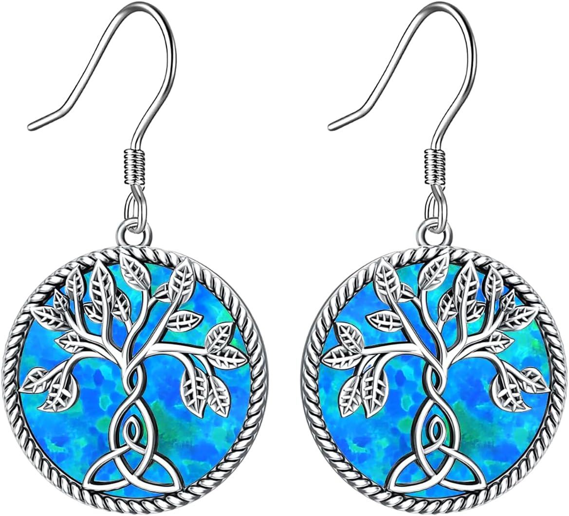 Sterling Silver Irish Celtic Earrings Claddagh Tree of Life Triquetra Trinity Knot Leverback Dangle Drop Vintage Round Lucky Jewelry Gifts for Women-Tree of life-Blue Opal