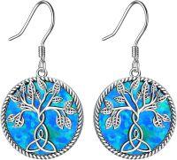 wholesale Sterling Silver Irish Celtic Earrings Claddagh Tree of Life Triquetra Trinity Knot Leverback Dangle Drop Vintage Round Lucky Jewelry Gifts for Women-Tree of life-Blue Opal