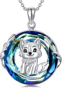 wholesale 925 Sterling Silver Blue Crystal Fox Pendant Necklace for Women Girls-Wolf