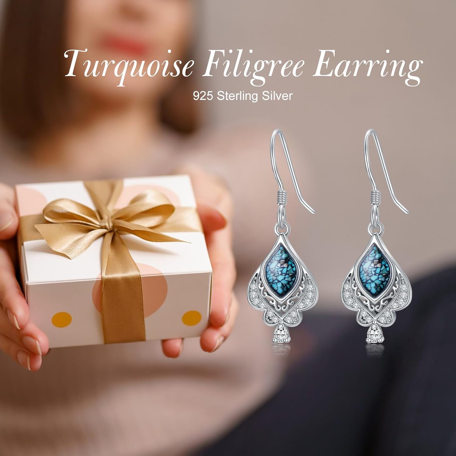 wholesale 925 Sterling Silver Turquoise Teardrop Dangle Earring with Filigree Design-0-4