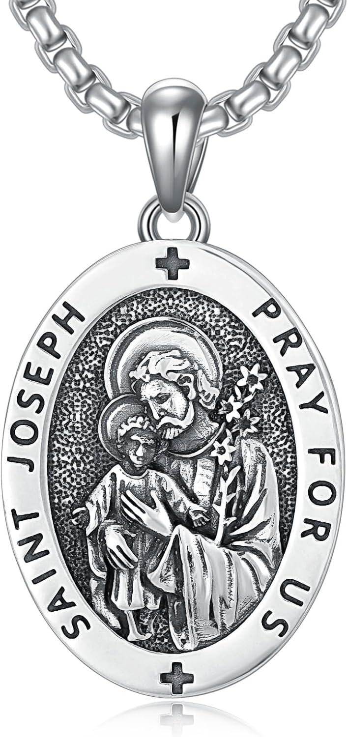Stainless Steel Sterling Silver Saint Religious Necklace for Men Women-H-St Joseph Necklace