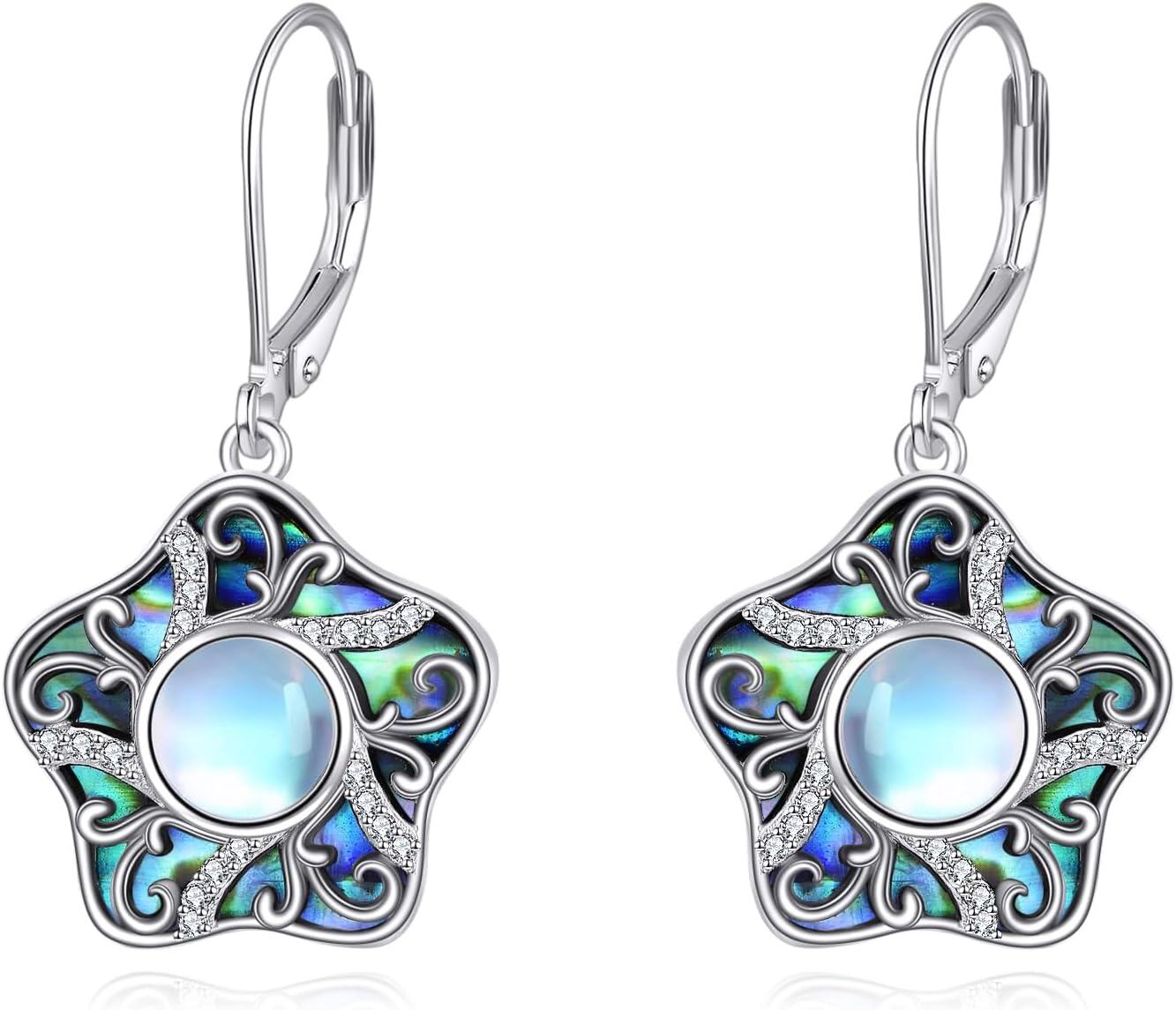 Sterling Silver Moonstone Abalone Star of David Witchy Celtic Shell Flower Saturn Dangle Earrings Jewish Irish Jewelry Gifts-B-Flower