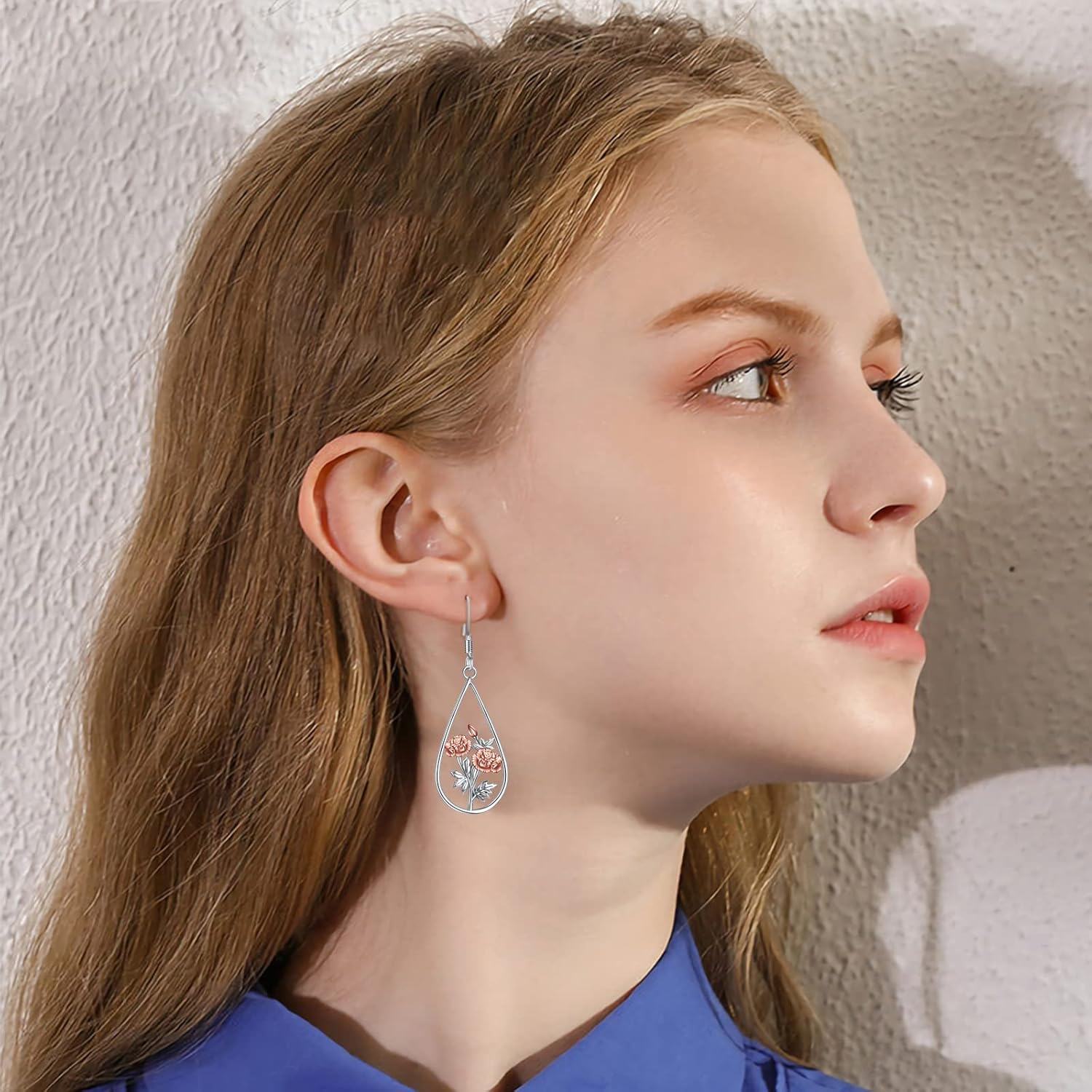 wholesale 925 Sterling Silver Pink Flower Teardrop Dangle Earrings-0-3