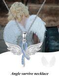 wholesale 925 Sterling Silver Angel Wings Blue Crystal Ribbon Breast Cancer Awareness Necklace-0-5