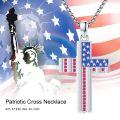 wholesale 925 Sterling Silver 925 USA Flag Cross Pendant Necklace w/Red Crystals for Men/Women-0-5