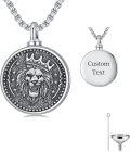 wholesale 925 Sterling Silver Round Lion Head Cremation Ashes Keepsake Pendant Necklace with Funnel and Fill Tool - Personalized Engraving Available-0-0